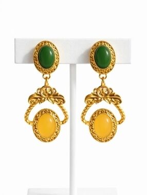 Egyptian Revival Gold Green Dangle Cabochon Pierced Earrings